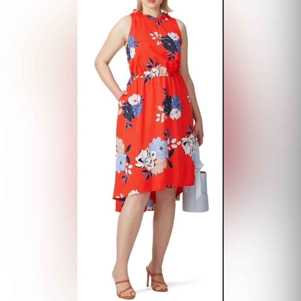 Rachel Roy Conchetta Red Floral Crepe High Low Ruffle Collar Dress Sz Large